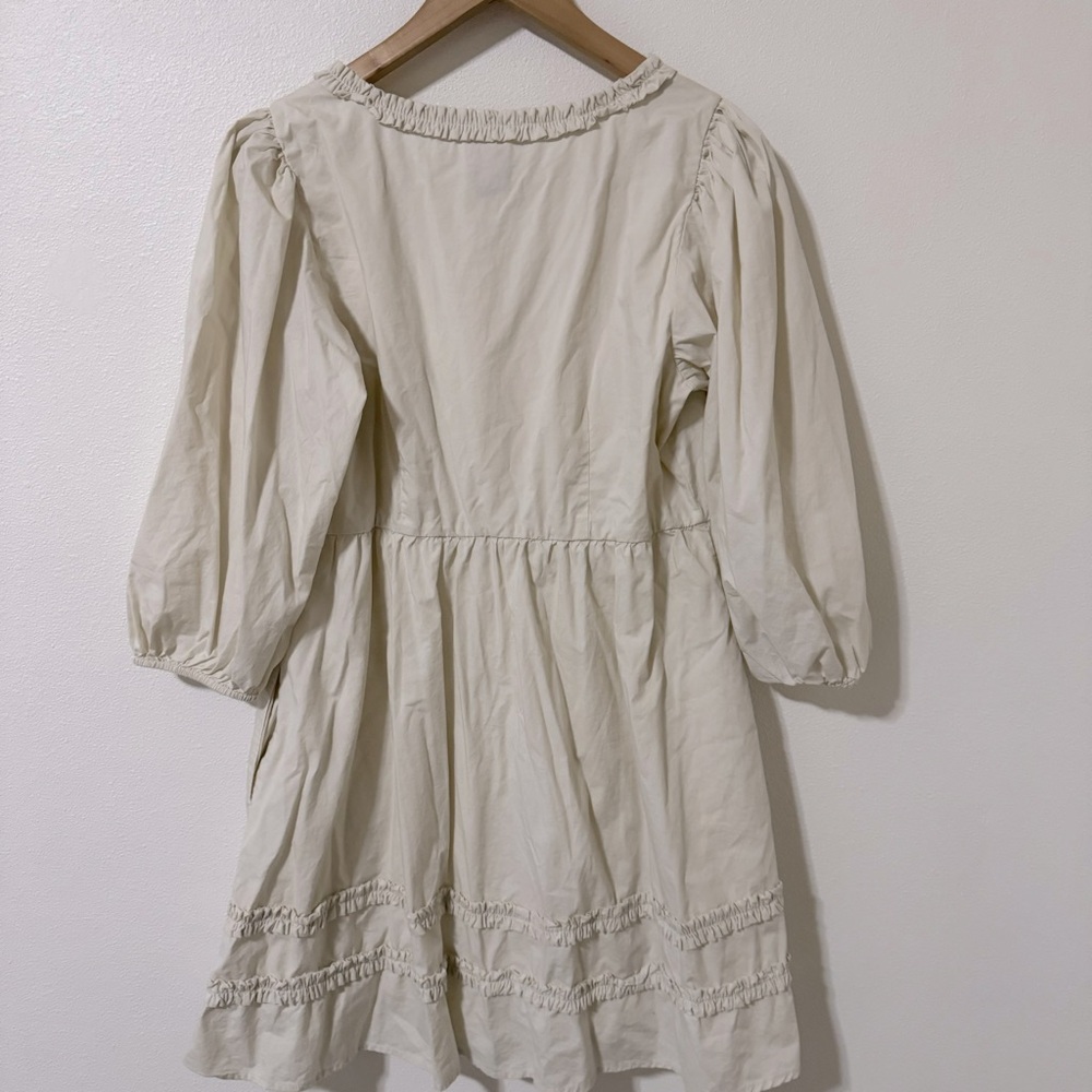 Gap Puff Sleeve Ruffle Neck Mini Dress Chino Beige Square Neck Pockets 2023-12 - Picture 3 of 12